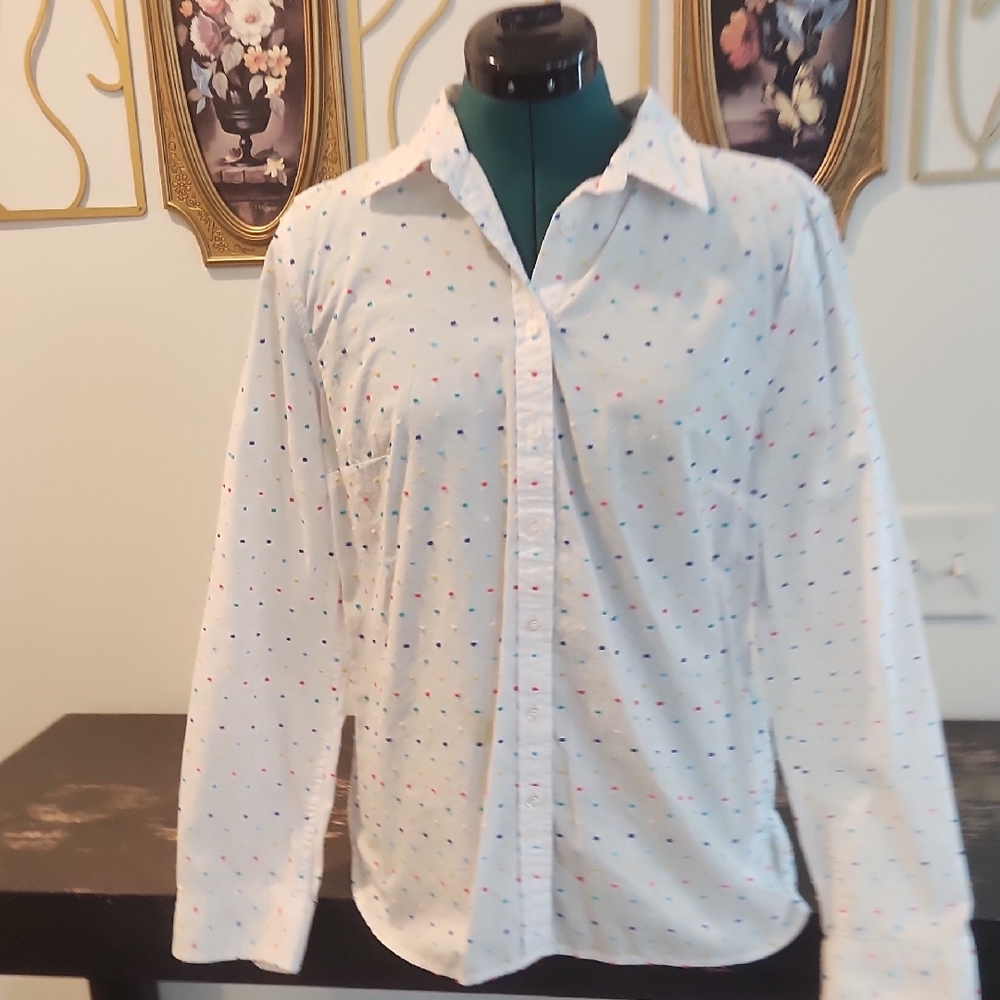 Talbots White Polka Dot Button Down Shirt